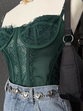 Dark green lace corset top mesh bustier y2k coquette vintage lingerie